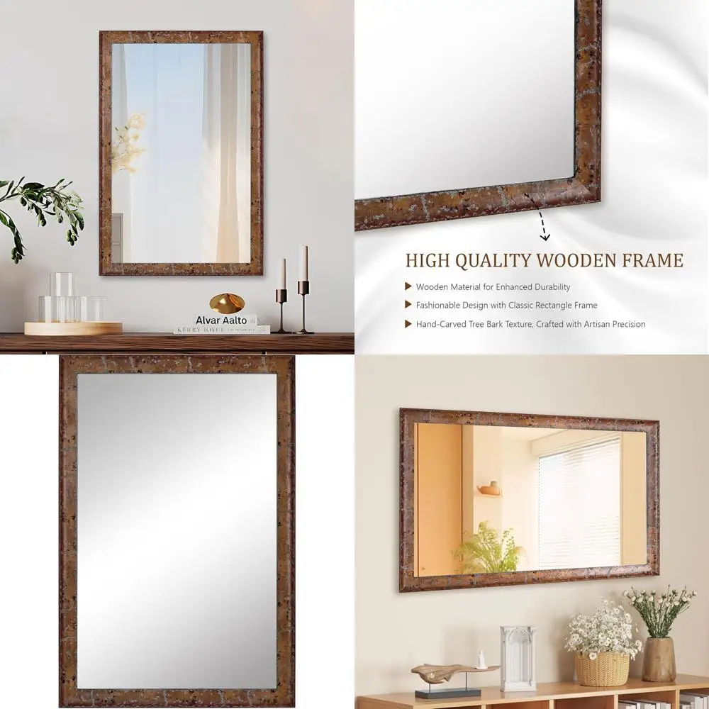 مرآة مستطيلة بإطار خشبي بني ريفي مقاس 20 × 30 بوصة لتزيين الحمام وديكور المنزل #1