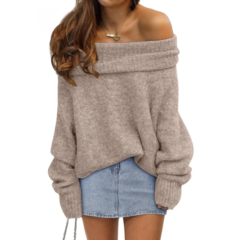 

New Autumn and Winter Loose Bat Sleeve Solid Color Pullover Off-shoulder Casual Knitted Sweater for Women