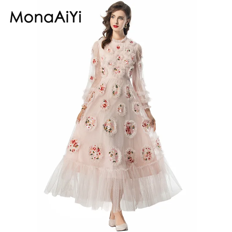 

MonaAiYi Autumn Women's Dress Lantern Sleeved Chic Mesh Sequins Edible Tree Fungus Edge Design Ball Gown Dresses