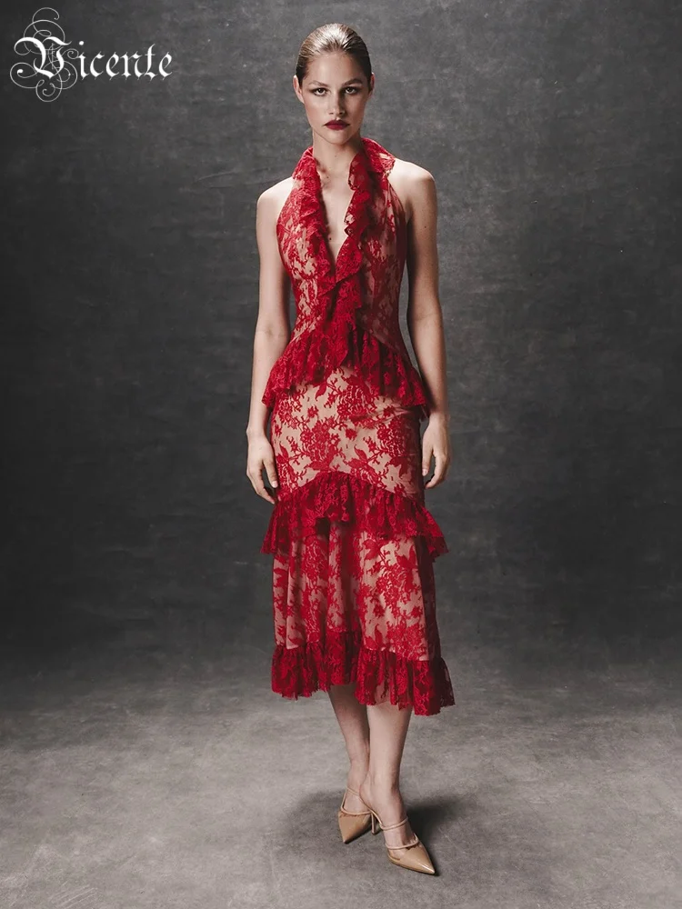 

VC Passionate Red Lace Halter V-Neck Midi Dress with Ruffled Layers for a Special Evening Event Gown