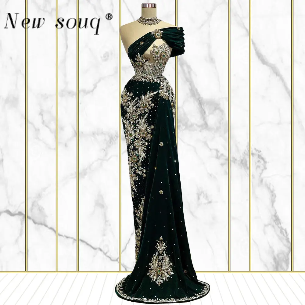 

Luxury Velvet Long Evening Dresses African Mermaid Prom Gowns Beaded Custom Made Rhinestones Pleats Formal Party Dresses