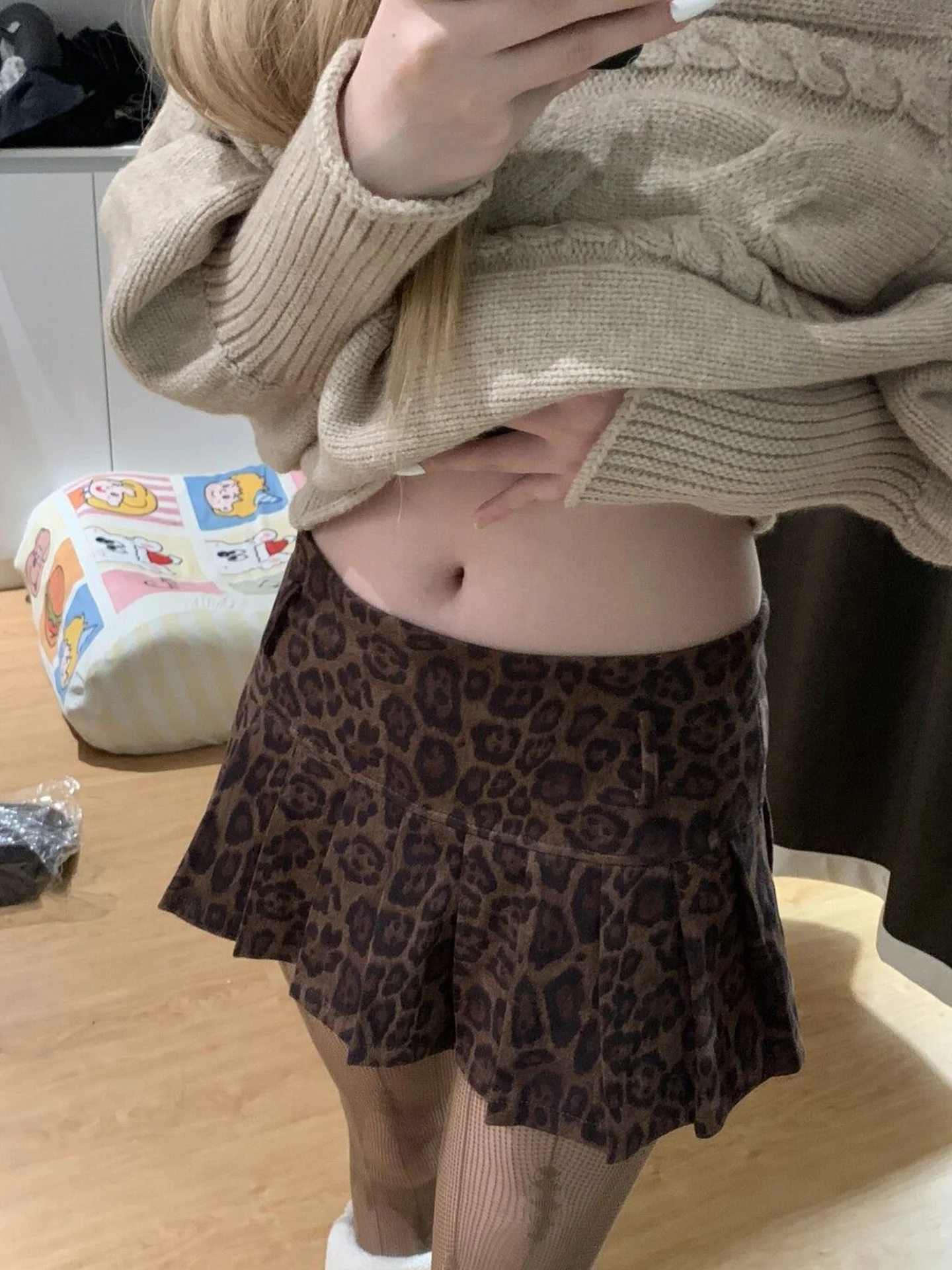 

Faionable A-Line Skirt Women's Suede Leopard Print Sexy Pleated ort Skirt Lengthening Legs Effect f-length Skirt