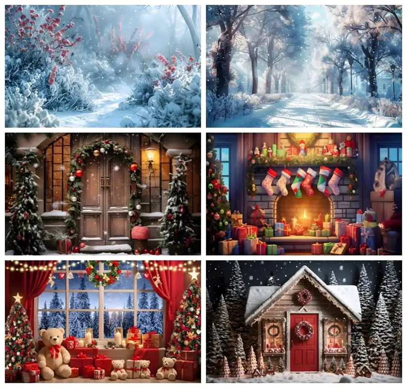 Laeacco Winter Christmas Backdrop Night Snow Window Forest Pine Tree Santa Fireplace Kids Family Portrait Phography Background