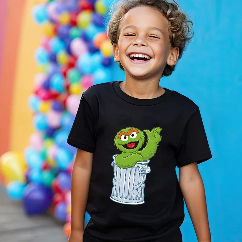 تي شيرت للأطفال مطبوع عليه شارع سمسم بأكمام قصيرة، قميص أسود كارتوني مناسب للأولاد والبنات من القطن الخالص بأكمام قصيرة #5