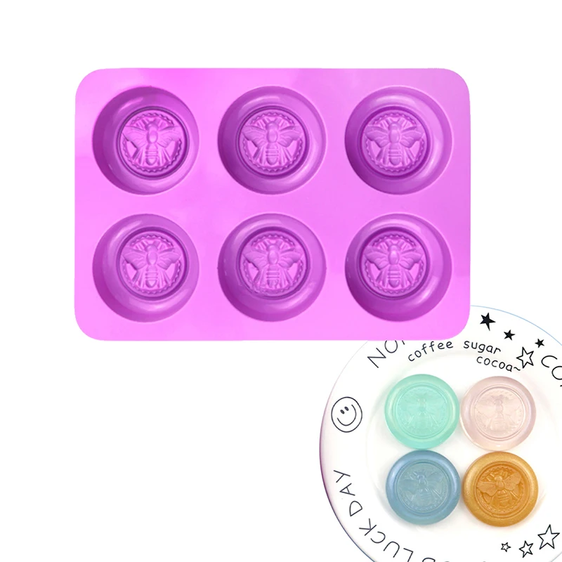 6 Holes Round Bees Pattern Silicone Soap Molds DIY Aromath Soaps Scented Candle Chocolate Mousse Making Handmade Soap Molds