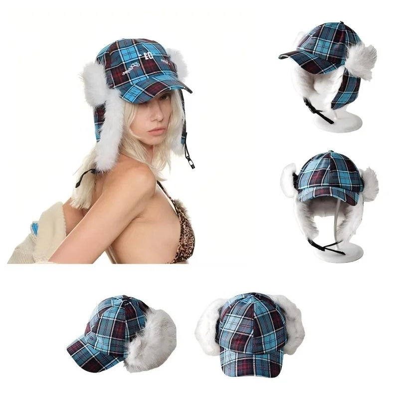 Gorro de Lei Feng a cuadros azul de estilo coreano para mujer, gorro de esquí y volador para otoño e invierno, gorra de béisbol versátil y cálida para ciclismo
