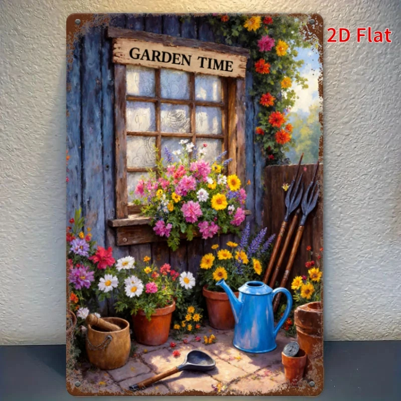 Garden Time Vintage Blumenmuster Fenster Gartenwerkzeuge Metall Blechschild Bauernhof Terrasse Wanddekoration