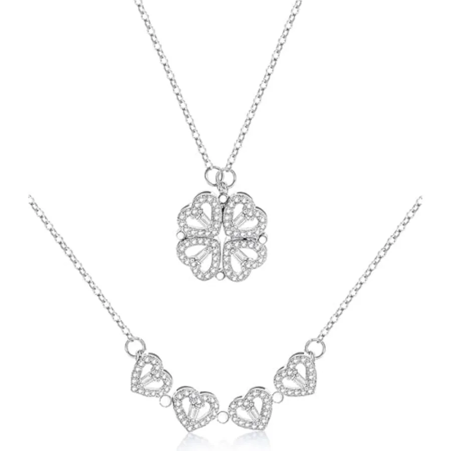 

Four Leaf Clover Necklace Foldable for Women, 925 Sterling SIlver Bling zircon stone Four Heart Grass Women's Necklaces Crocker