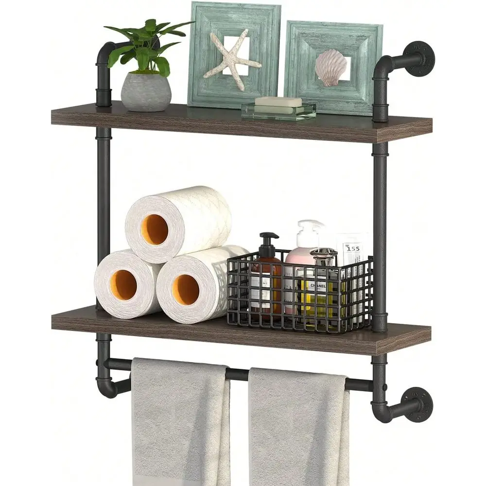

Tier Wood Floating Shelves Towel Rack, Industrial Pipe Bathroom Shelves Wall Mounted With Towel Bar, Wall Display Storage Shelf