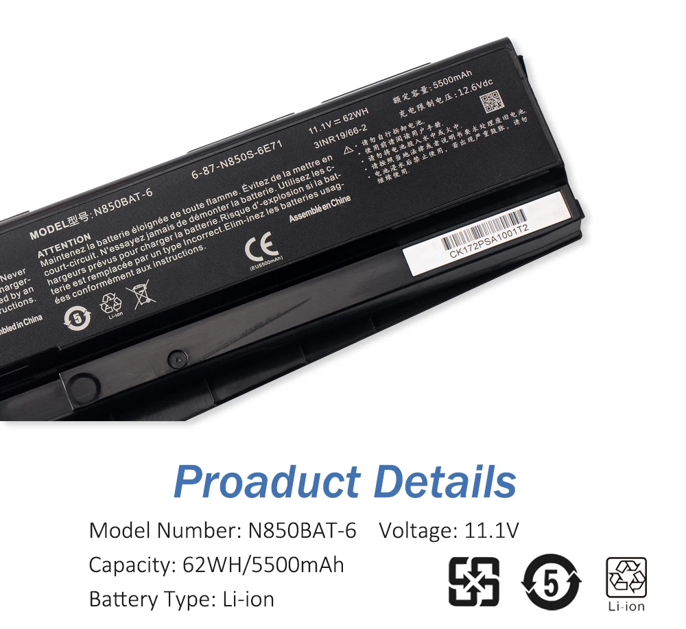 ETESBAY N850BAT-6 Laptop Battery For Clevo N850 N850HK1 N850HJ1 N850HC N870HK1 For HASEE Z7M-KP7G1 Z7M-KP7S1 11.1V 62WH/5500mAh