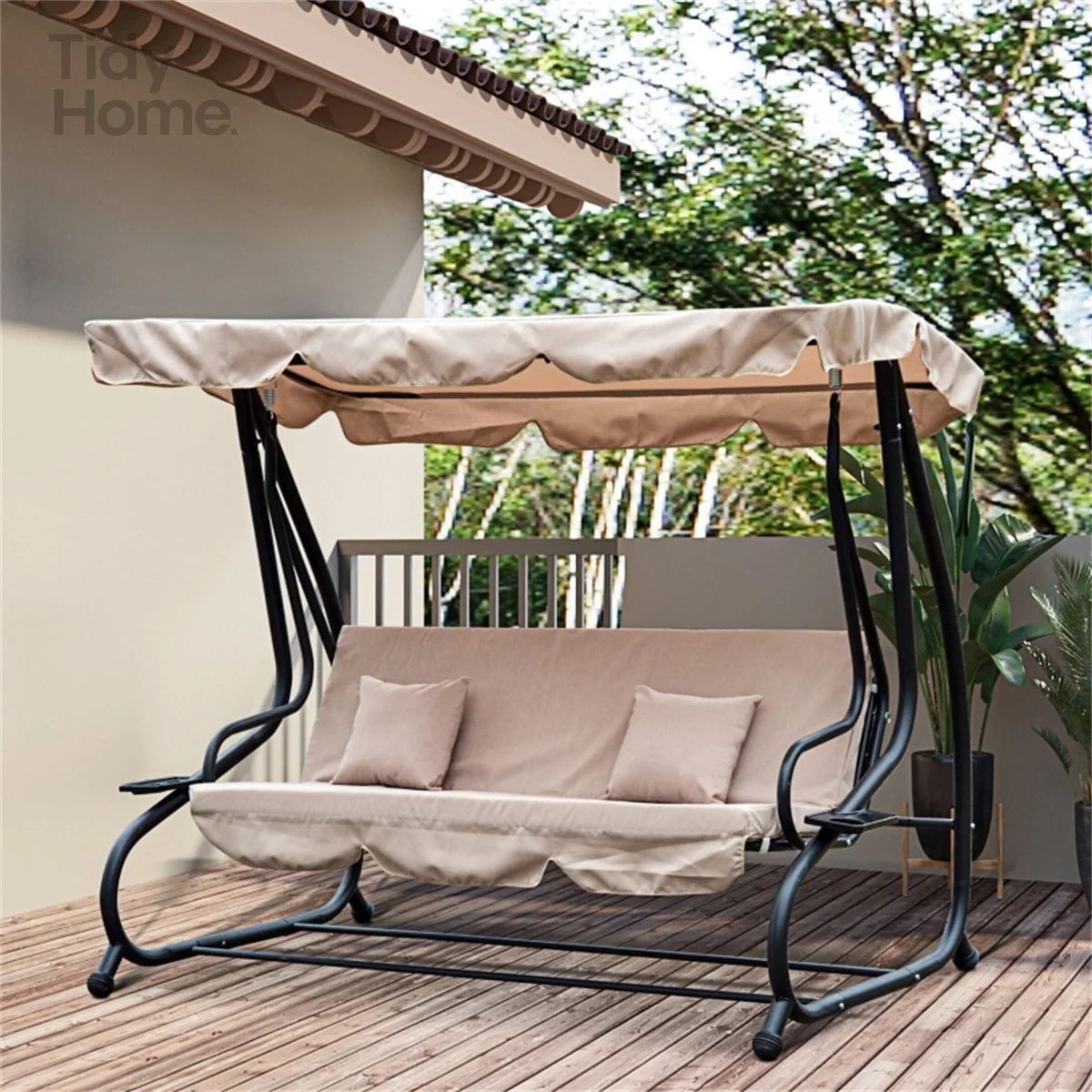 

2-in-1 Outdoor Swing with Canopy,with Stand, Removable Cushion, Pillows and Cup Holder for Porch, Patio, Garden, Porch Swing