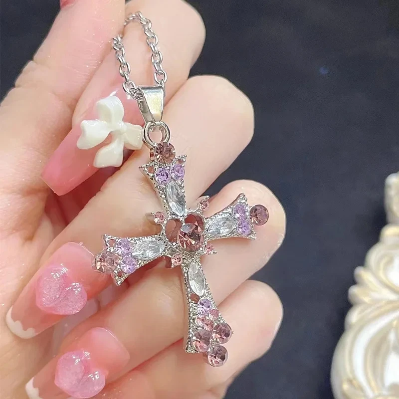 Y2K Bling Pink Zircon Cross Pendent Necklace For Women Gothic Love Heart Cross Charm Choker Necklace Jewelry Party Girls Gift