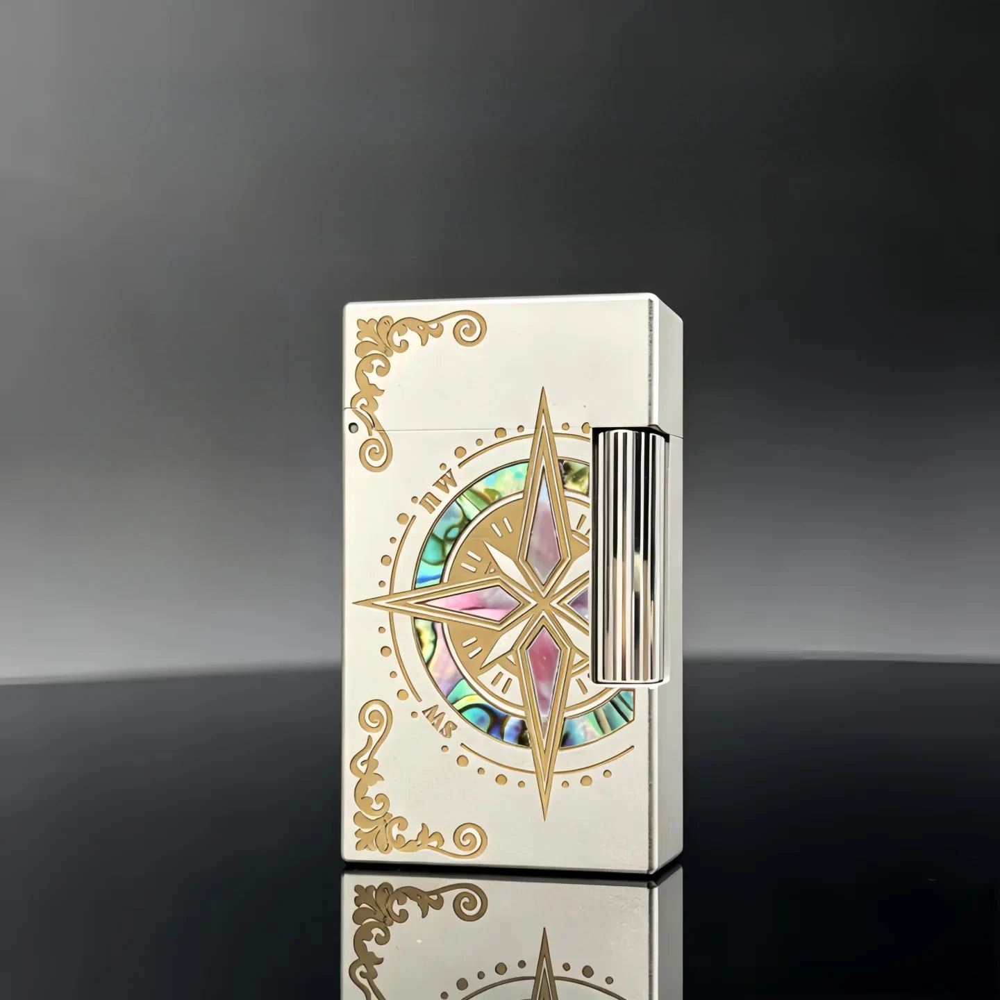 Calories Side Slip Langsheng Inflatable Lighter Brass Body with Color Shell Inlaid Compass for Men's High End Collection Gift
