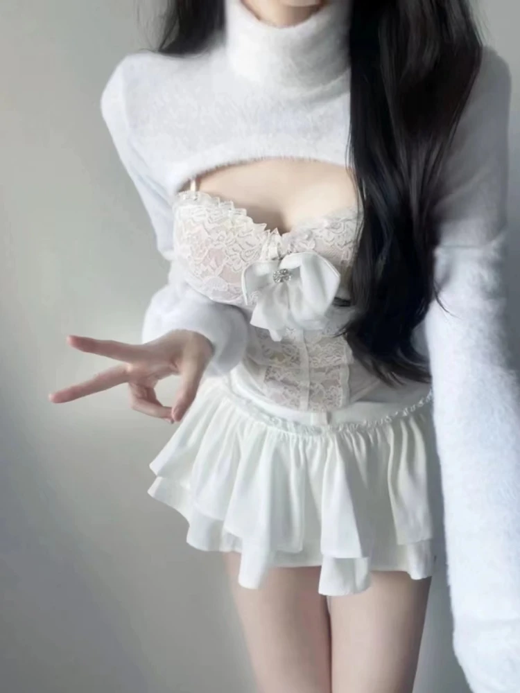 Korean Fashion White Skirt Sets Women Casual Slim Crop Tops + Sexy Y2K Lace Vest + Sweet Party Kawaii Mini Skirt 2024 Spring