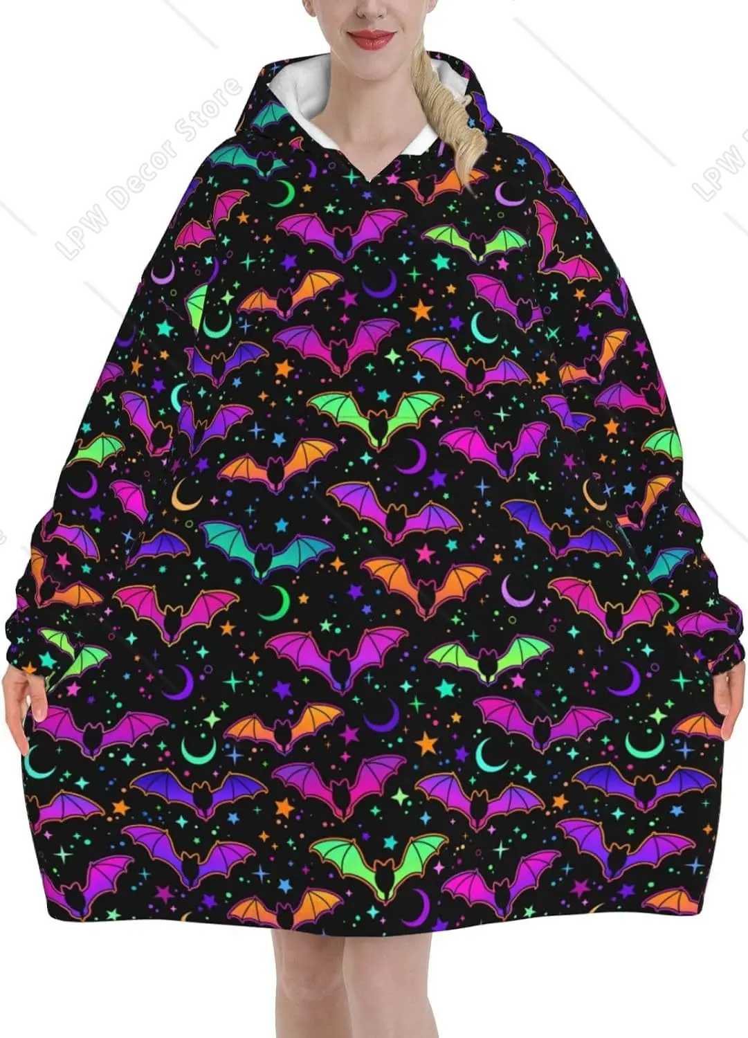 Colorful Bright Bats Blanket Hoodie Oversized Wearable Blankets Softest Warmth Front Pocket For Adults