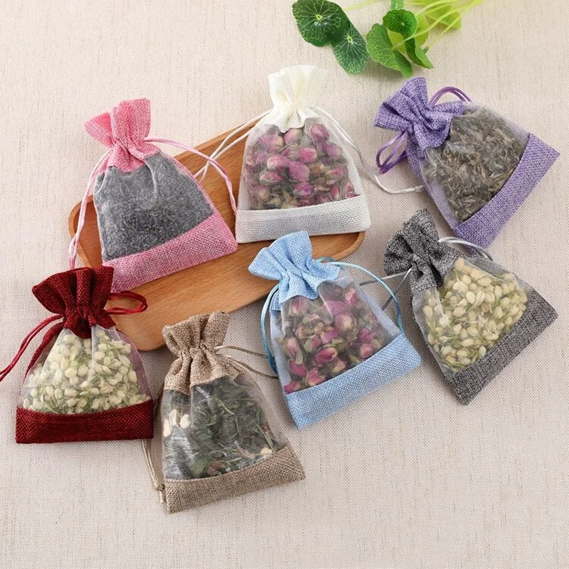 25/50/100pcs Burlap Gift Drawstring Empty Bag with Clear Organza Window Christmas Wedding Gift Party Jewellery Bag