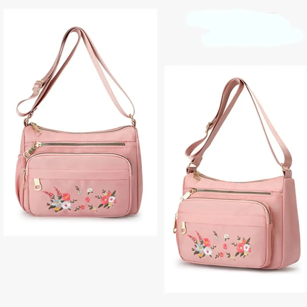 Embroidery Flowers Ladies Crossbody Bag Fashion Solid Color Large Capacity Shoulder Bag Lightweight Zipper Women Handbag