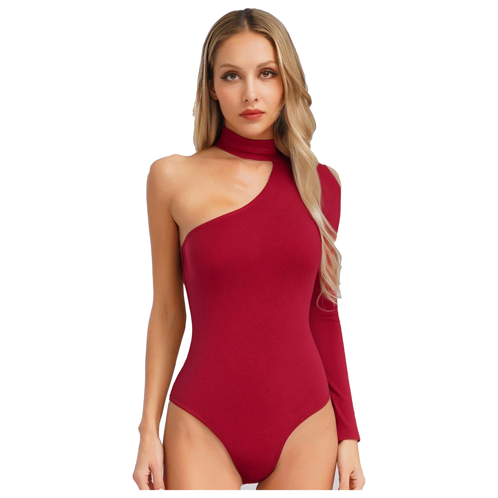 

Women One Shoulder Long Sleeve Bodysuit for Ballet Gymnastics Workout Dancewear Casual Mock Neck Solid Color Dance Leotard Dress