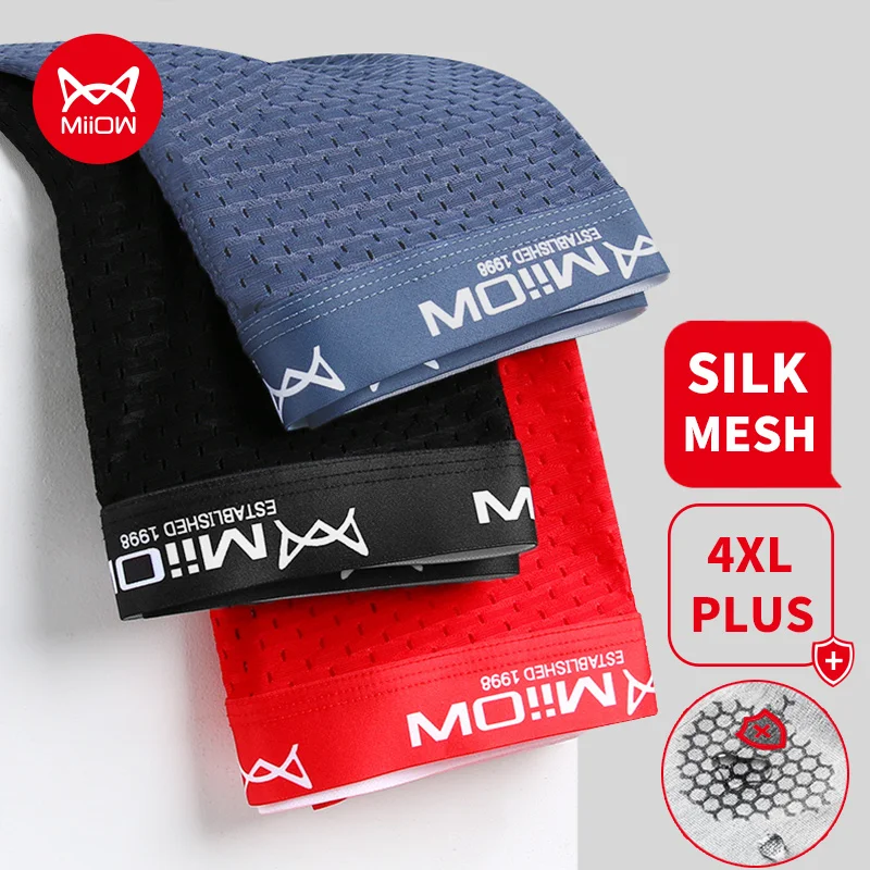 MiiOW 3 Stücke Sexy Mesh Männer Boxer Unterwäsche Graphene Antibakterielle Männliche Höschen Eis Seide Unterhose Atmungsaktiv 4XL Boxershort 2022