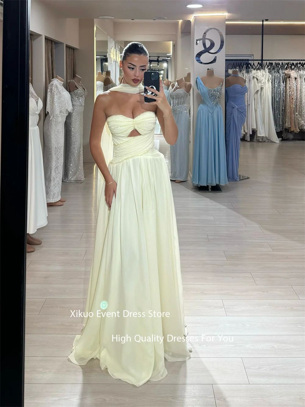 Xikuo カットアウトシフォンイブニングドレス バックレス スイートハート ベスティドス デ ガラ ロング Aライン ユニーク ブリン プロムドレス カスタマイズ