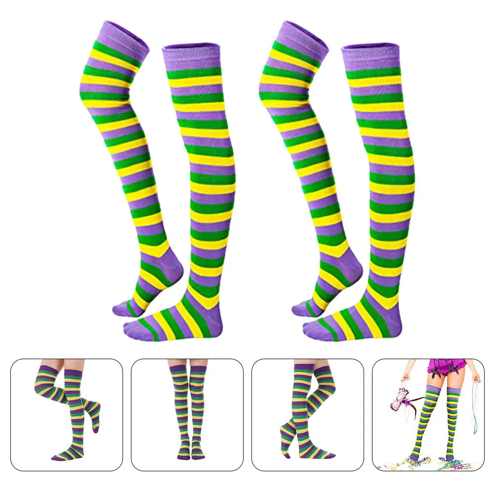 

2pcs Long Thigh High Socks Striped Over The Knee Stockings For Women Party Dress-Up Costume Accessory Soft Stretchy Festival