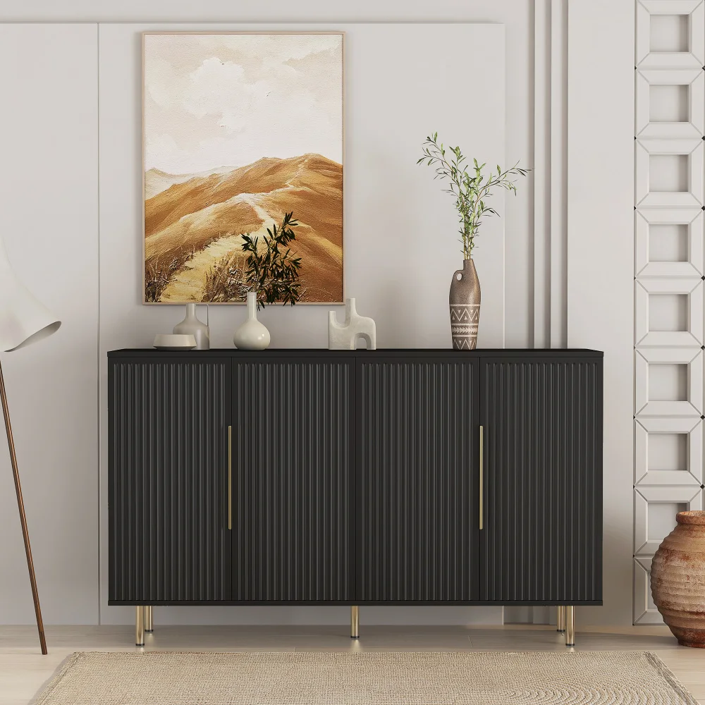 

Black modern self-service cabinet with storage warehouse, large buffet with grooved sideboard