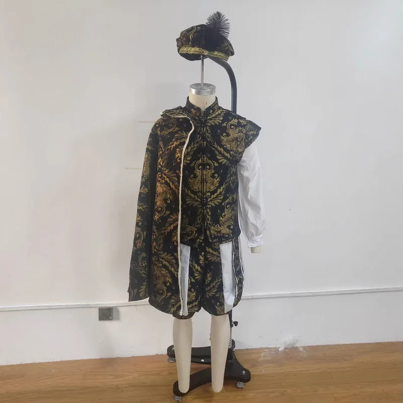Mittelalterliches europäisches Adligen-Tudor-Königskostüm mit doppellagiger Weste, Kürbishose und halbärmeligem Umhang für RenFaire-Veranstaltungen.