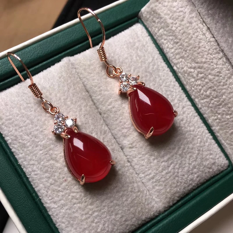 

New Natural Jadery Pink Green Red Chalcedony Jade Water Drop Earrings For Women Rose Gold Sterling Silver 925 Jewelry Eardrop