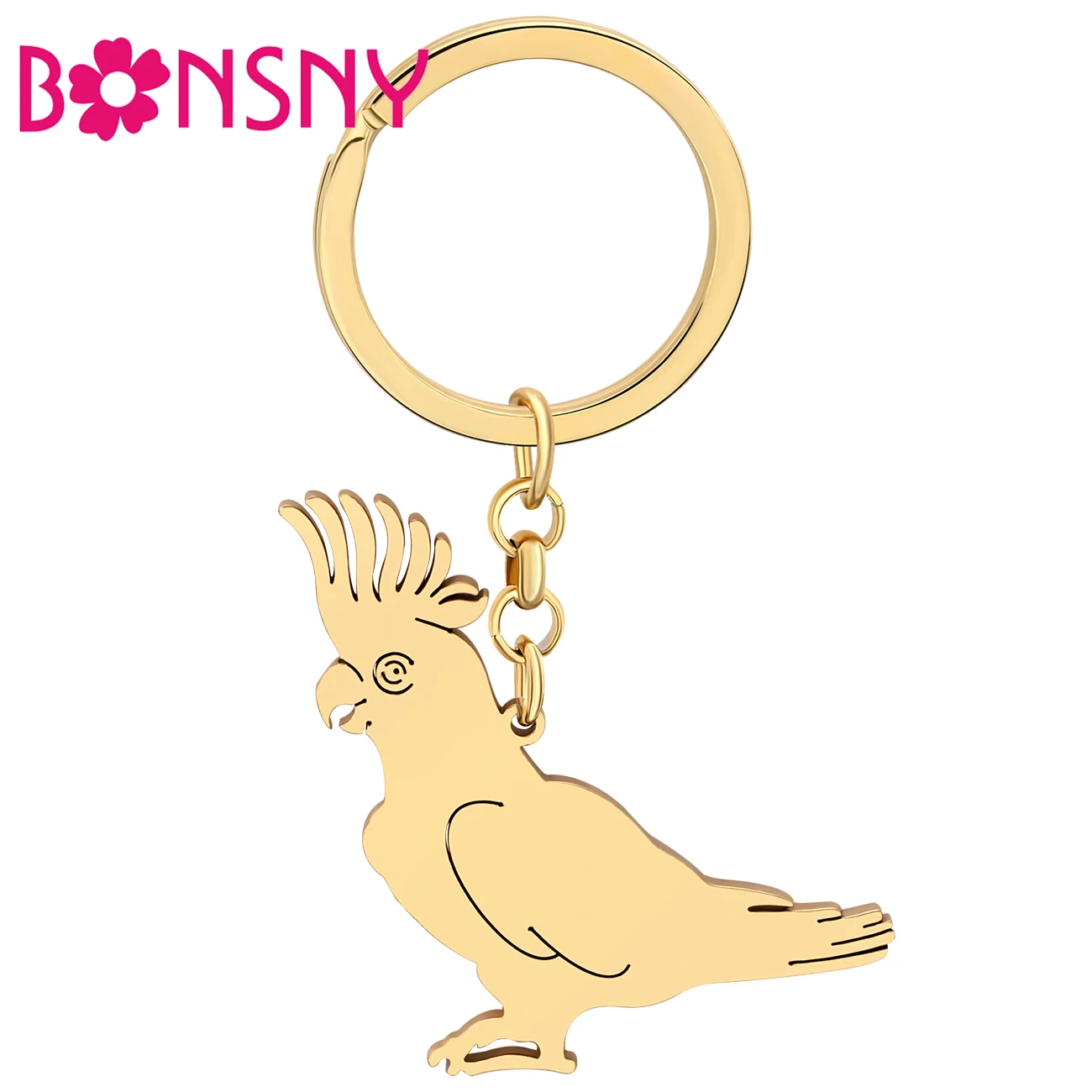 Bonsny Stainless Steel Tropical Rainforest Parrot Key Chain Sulphur-crested Cockatoo Keychains Bag Purse Key Ring For Women Gift