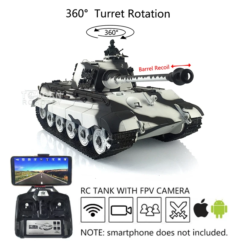  HENG LONG 1/16 7.0 King Tiger RC Tank 3888A FPV 360° Turret Barrel Recoil Sound Machine Gun BB Unit White Tiger II Toy