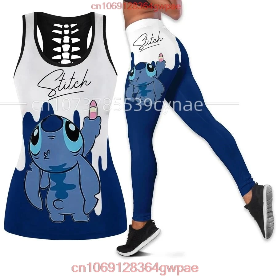 Disney Stitch Women\'s Book Hollow Tank Top+Women\'s Leggings Yoga Wear Fitness Leggings Sports Suit Disney Tank Top Leggings Suit