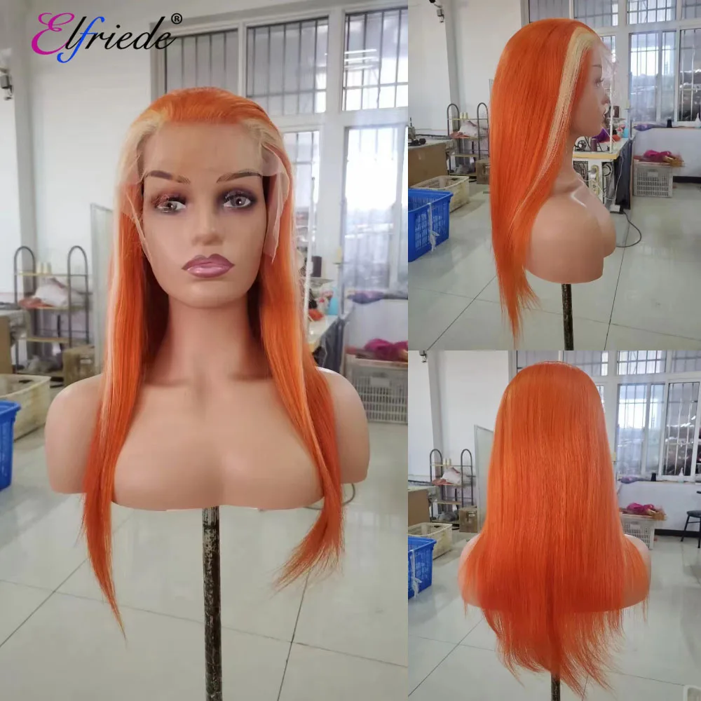 Elfriede Straight #Orange 613 Highlight Skunk Stripe Lace Front Wigs for Women 4x4 13X4 13X6 HD Lace Frontal Wig Human Hair Wigs