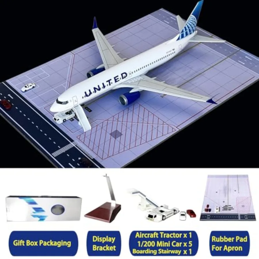 B737 airplane model 1/130 scale, ABS plastic, white with blue accents, LED lights and airport scene accessories for display and