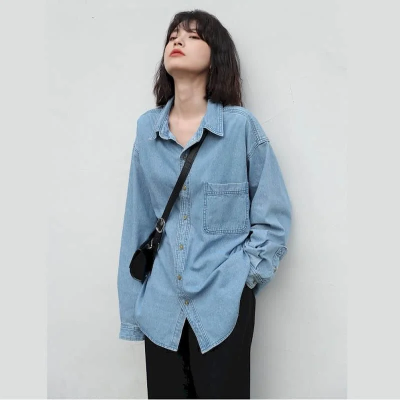 

Denim Shirts and Blouses Women Mid Length Loose Fit Denim Shirt Long Sleeve Blouses Regular Women Tops Clothes for Women Shirts