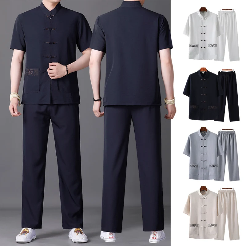 Chinese Tang Clothing Kung Fu Suit Men\'s Casual Summer Short Sleeved T-shirt Pants Set Wing Chun Tai Chi Elderly Dad\'s Costume