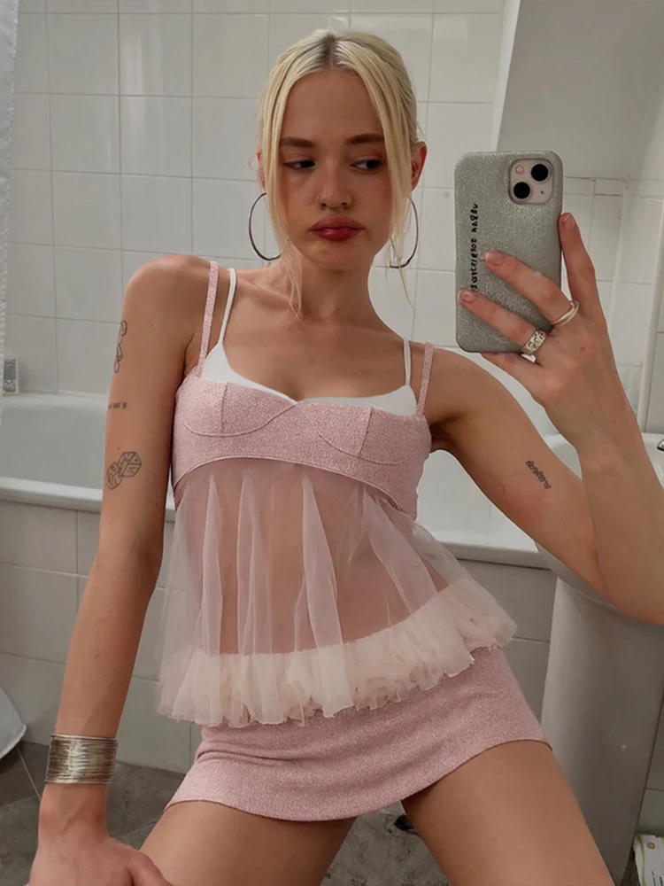 

Nibber Лоскутная камзол из двух искусственных предметов для женщин с глубоким вырезом и складками, пышный подол, прозрачные милые уличные модные летние вечерние сексуальные топы