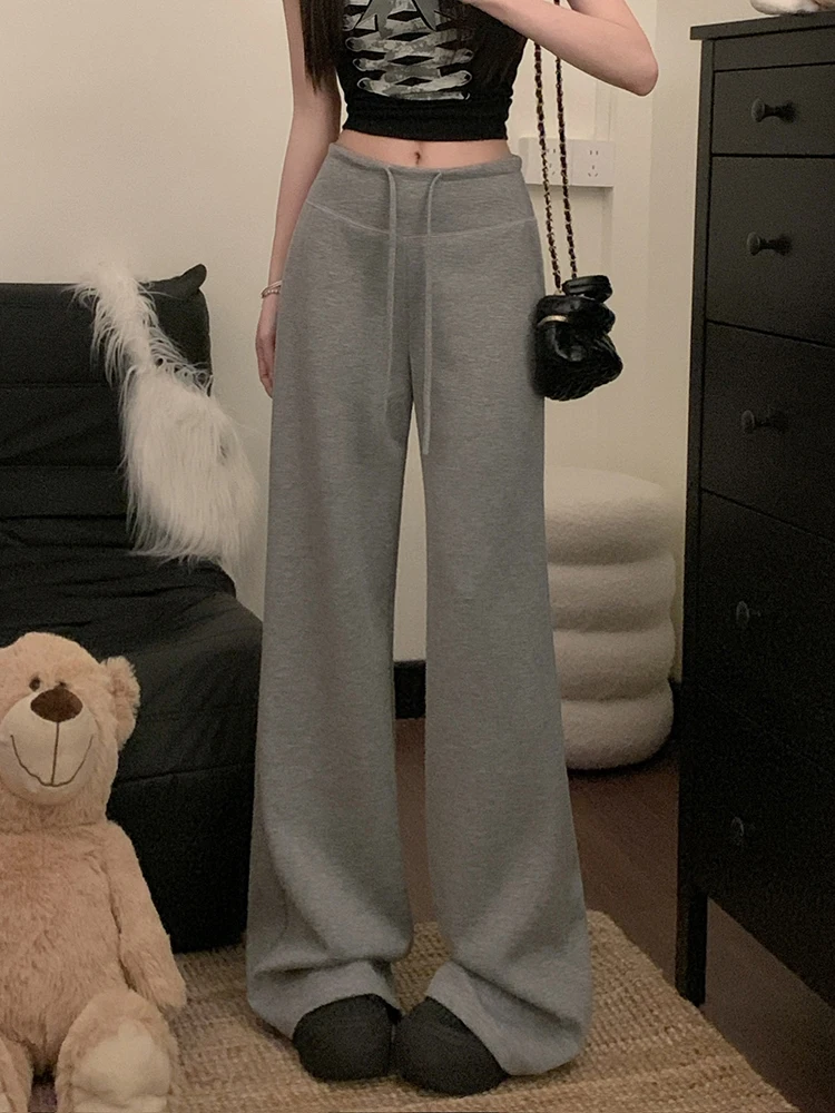 بنطال ذو قصة أرجل واسعة Y2K جلد نسائي شتوي مبطن بالقطيفة مرقع على طراز الكشمير مبطن بالصوف بطبقات مزدوجة دافئة مكتب مريح