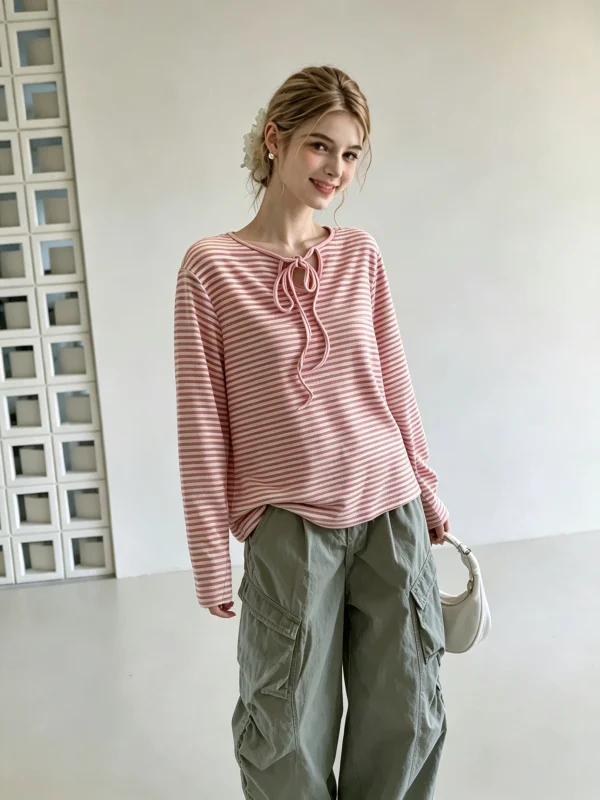 Dopamine Color Block Striped Long Sleeve T-Shirt Women's Early Autumn Loose Slimming Suitable for Single Wear Korean Style Top