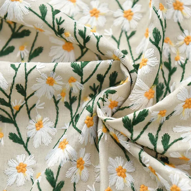 Daisy Flower Embroidered Cotton Ramie Lace Fabric Material DIY Handmade Clothes Tablecloth Bag Accessories