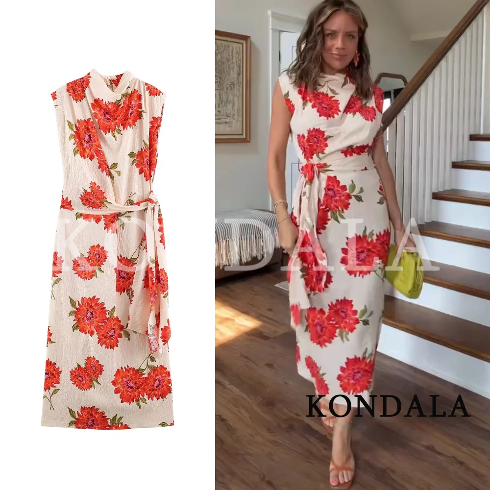 KONDALA Damenkleid mit Blumenmuster und Gürtel, Sommer 2026, Trendiges Elegantes Schickes Ärmelloses Kleid für Festlichkeiten, Midi-Länge