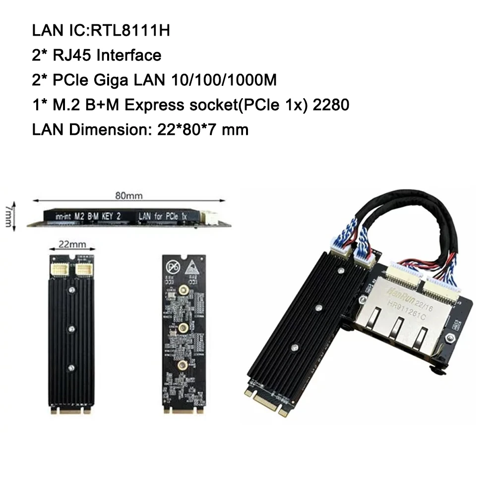 Industrial M.2 B+M Key Dual Port Gigabit NIC 2x RTL8111H Chip 1000Mbps RJ45 LAN PCIe Network Card Bracket for Mini PC IPC Server