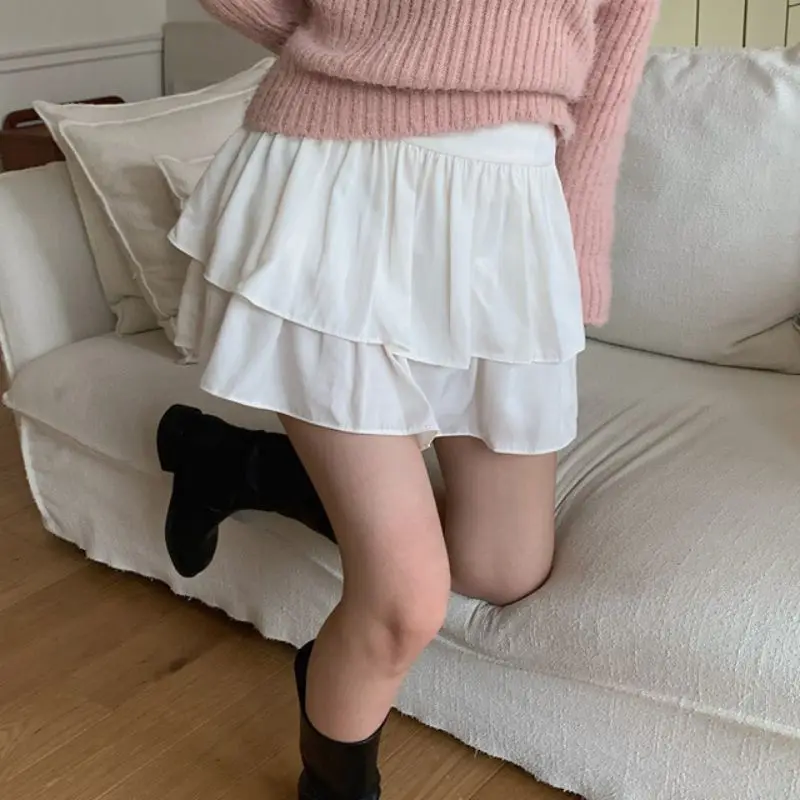 Gonna a pieghe dolce chic a vita alta con orlo in pizzo Pantaloni Se incorporati Anti-luce ort A-Line Colore puro Dimagrante versatile