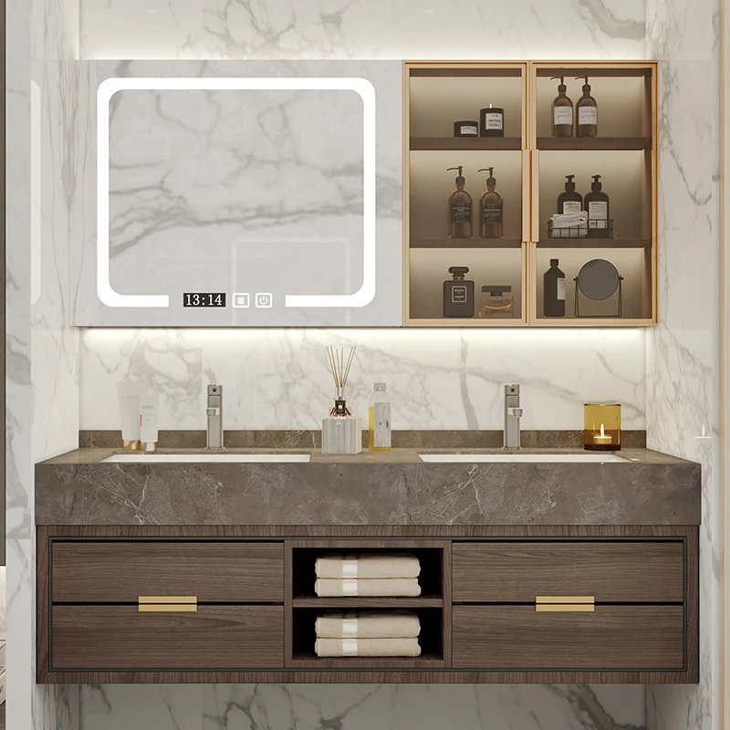 Marble Oak Bathroom Cabinet Smart Solid Wood Bathroom Set Modern Minimalist Washstand Hand Washing Washbasin Cabinet