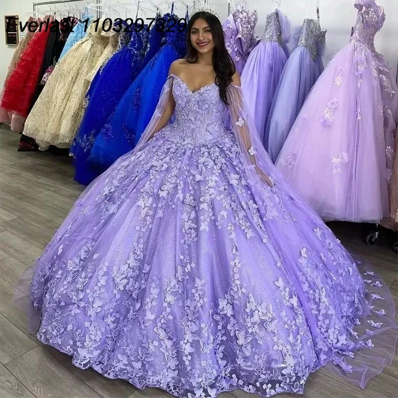 EVLAST Princess Lavender Quinceanera Dress Ball Gown 3D Butterfly Applique Beading With Cape Sweet 15 Vestido De 15 Anos TQD592