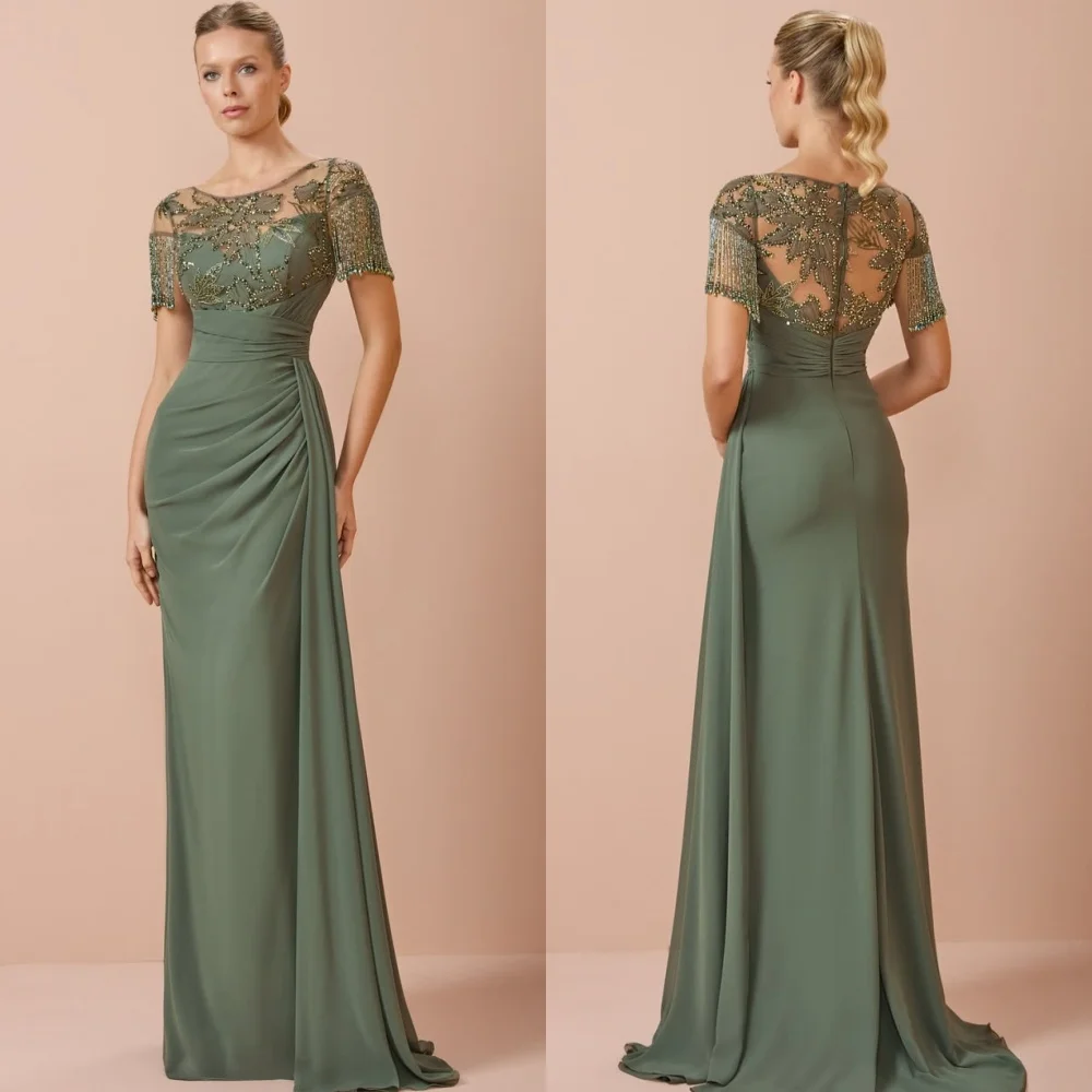 

Customized Modern Style Elegant Beading Ruched Column Scoop Neck Long Dresses Bespoke Occasion Dresses Sizes Available Fashion