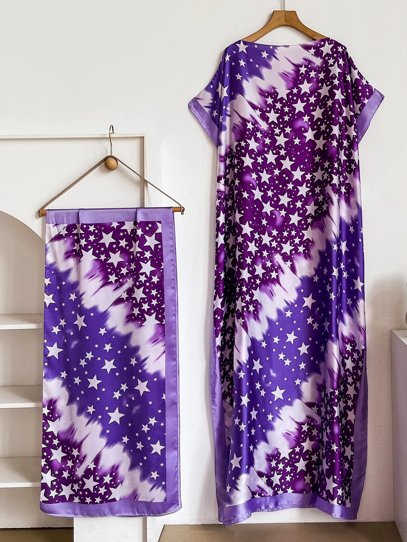 Summer Boho Star Tie Dye Print Abaya With Matching Scarf, Loose Maxi Kaftan Dress For African Muslim Women Holiday Beach Wear