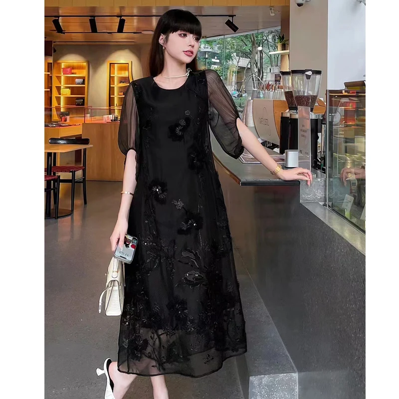 2024 Summer New High End Chinese Style Women's Silk Embroidery+Beaded O-Neck Short Sleeved Black Dress S-XL