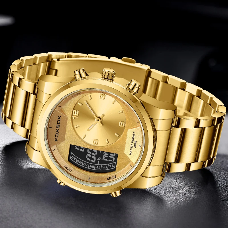 FOXBOX New Gold Quartz Wristwatch For Men Fashion Military Sport Waterproof Watch Men Top Brand Luxury Dual Display Watch Men