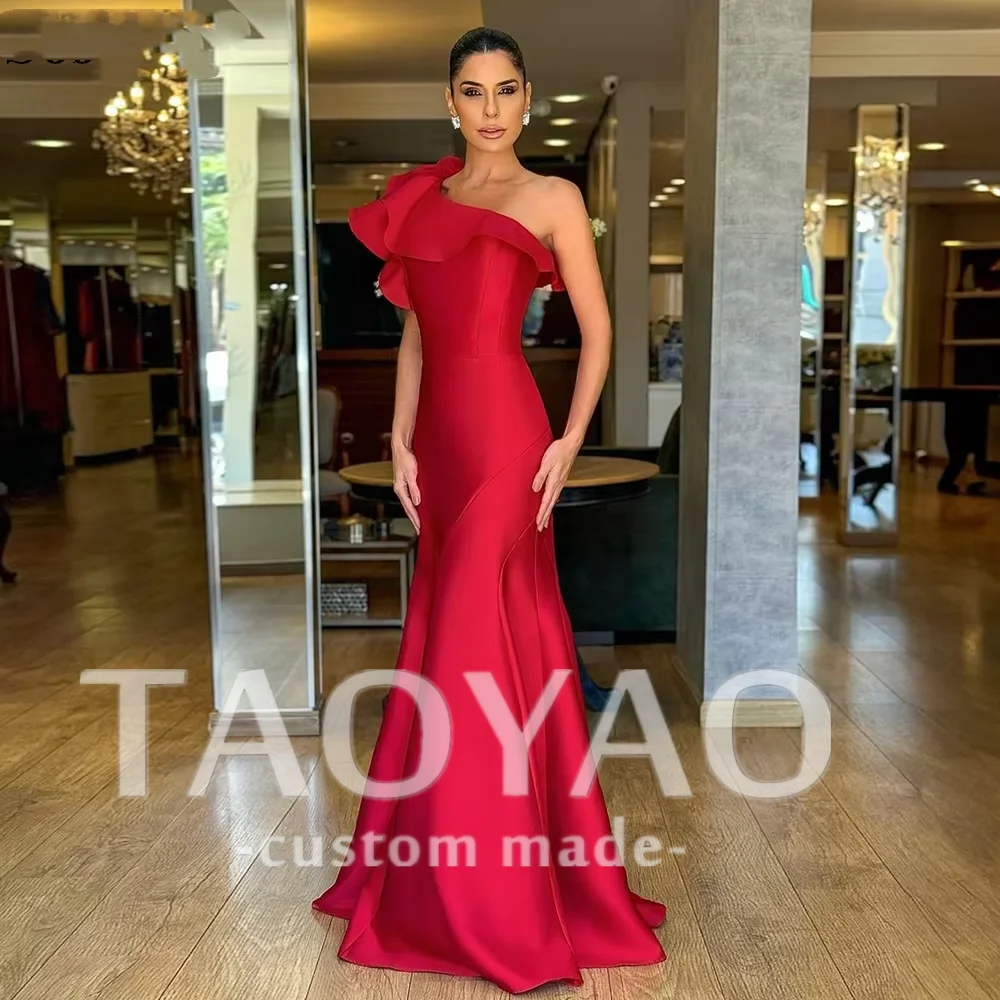 

Customized Red Satin Evening Dresses One Shoulder Sleeveless Mermaid Ruffles Long Party Dress 2024 Formal Prom Gowns for Women