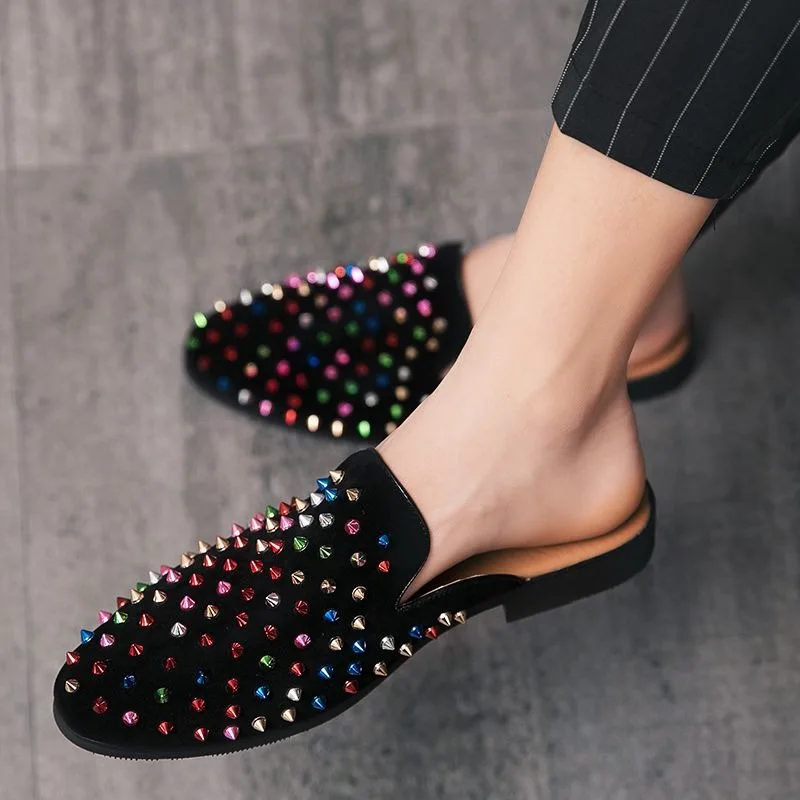 Colored rivets designer shoes mules house slippers indoor shoes for man mule loafers man half slippers